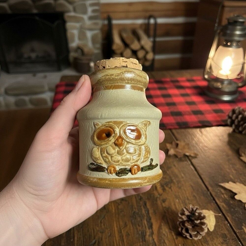 Vintage Owl Ceramic Jar w Cork Lid 4โ Tall Cabincore Rustic Decor Kitchen
